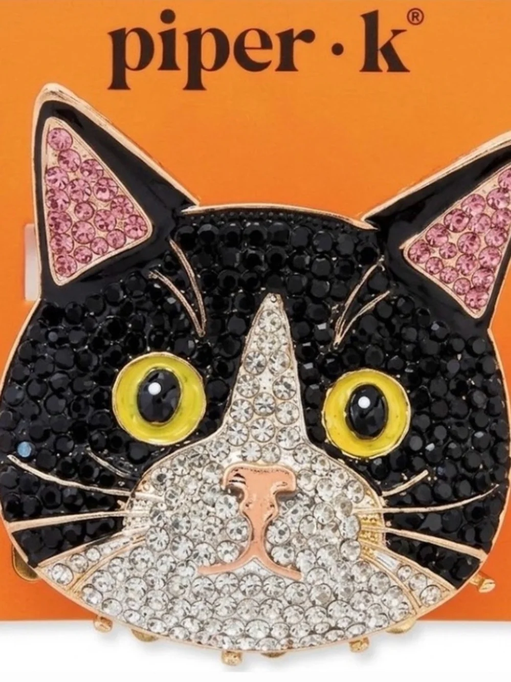 🖤▪️Piper K Black & White Crystal Cat Pin - Pink Ear Metal hair Claw Clip